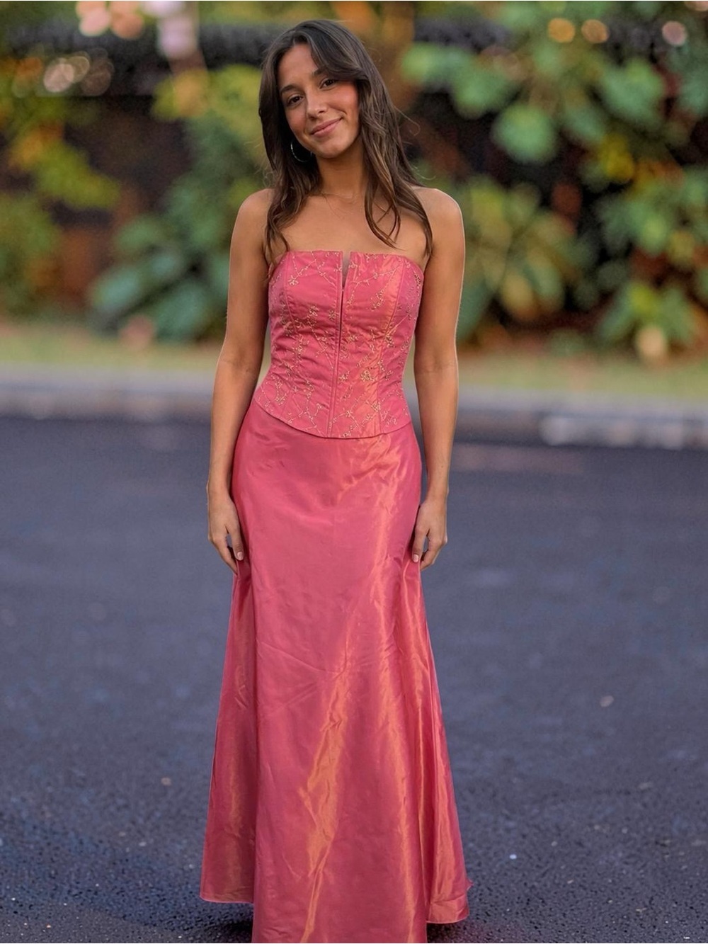 Vintage Iridescent Embroidered Prom Dress Pink Peach Fairycore Gown 90s 2000s